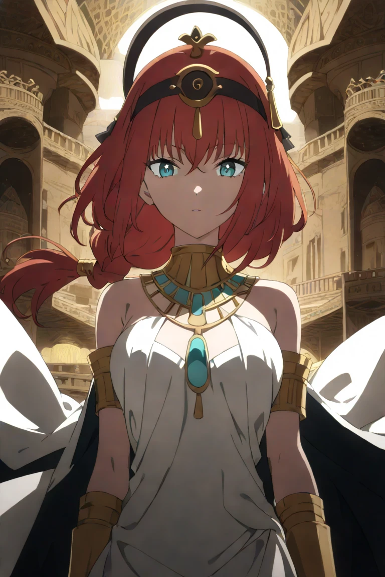 Makima from Chainsaw Man, dressed as an elegant ancient Egyptian princess, white linen dress with gold embroidery, gold and turquoise jewelry, wide Egyptian collar necklace, Eye of Horus headpiece, golden arm cuffs, braided red hair with gold threads, Egyptian palace background, dramatic lighting, ultra-detailed, high-resolution, cinematic fantasy anime style