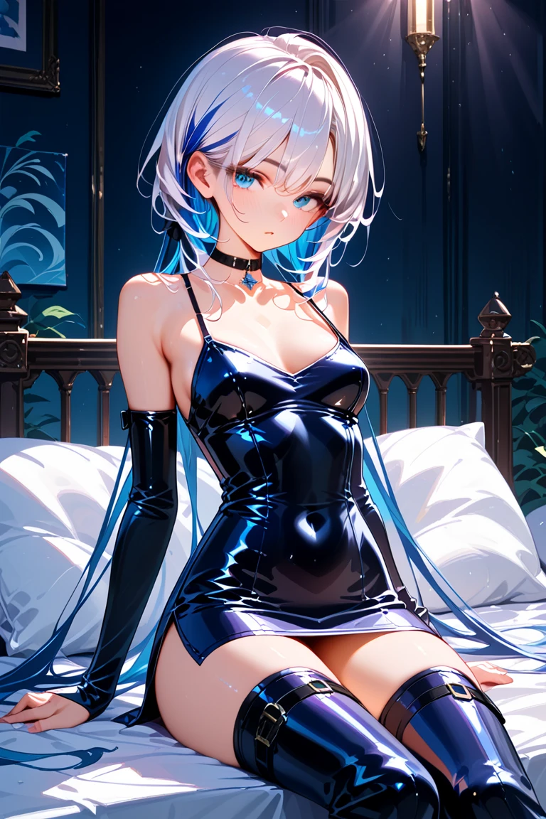 Anime girl with white hair and expressive blue eyes, vuluptuous chest and curves athletic and slim, delicate facial expression, young anime girl realistic, anime art style, anime style,,8k, attractive, 22 years old
