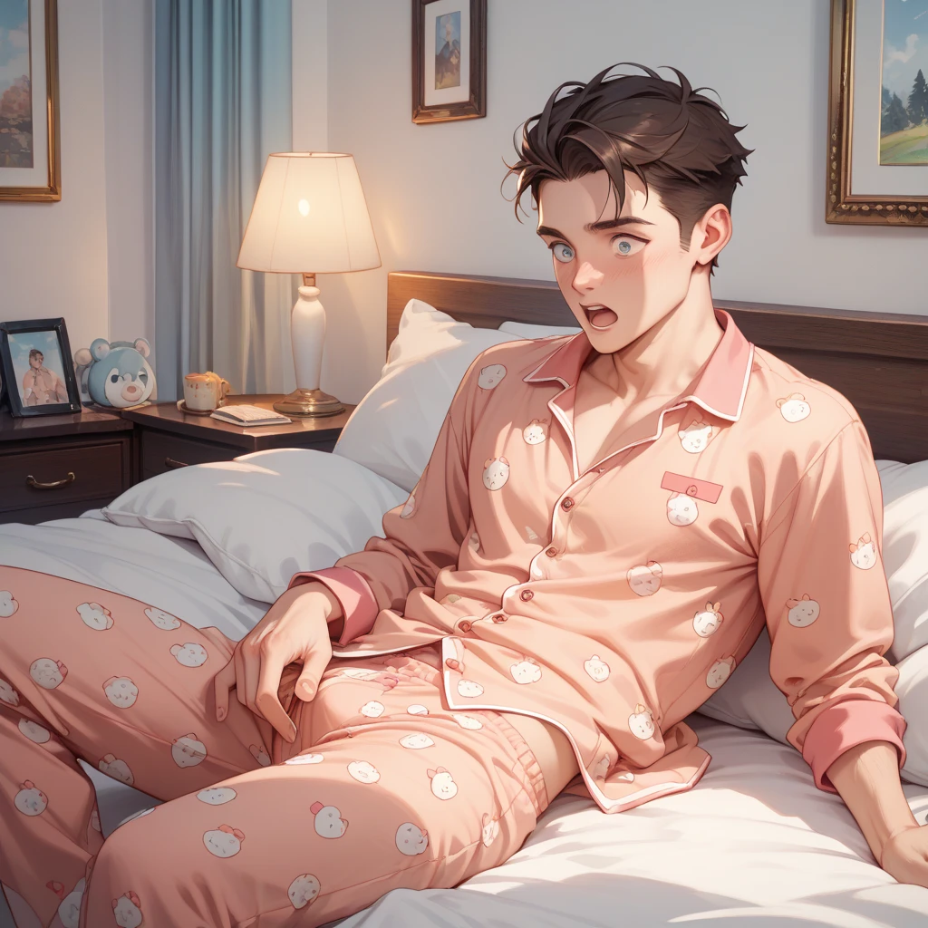4k, 8k, best quality, masterpiece,,hd,8k,masterpiece,best quality,luxury bedroom,(a man: 1.6), wearing white pajamas, sitting on bed with a concerned expression, holding a phone, frowning, worried eyes, perfect figure \n hd, 8k, masterpiece, best quality, luxurious bedroom, (a teenager: 1.6), wearing white pajamas, sitting on the bed with a concerned expression, holding the phone, frowning, worried eyes, perfect figure, Hearing an urgent voice outside the door, he looked anxious, looking for the key --auto --s2