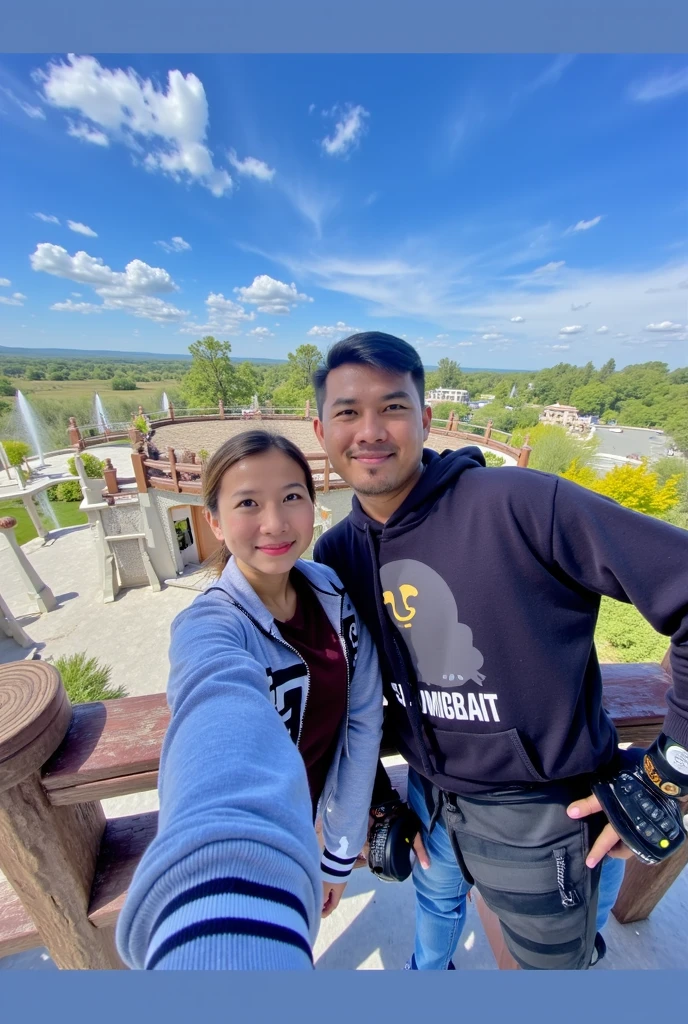 there are two people standing on a balcony with a mountain in the background, with mountains in the background, with mountains in background, with mountains as background, tyler edlin and natasha tan, mountains in the background, in mountains, hills in the background, epic mountains in the background, vacation photo, moutain in background, in the mountains