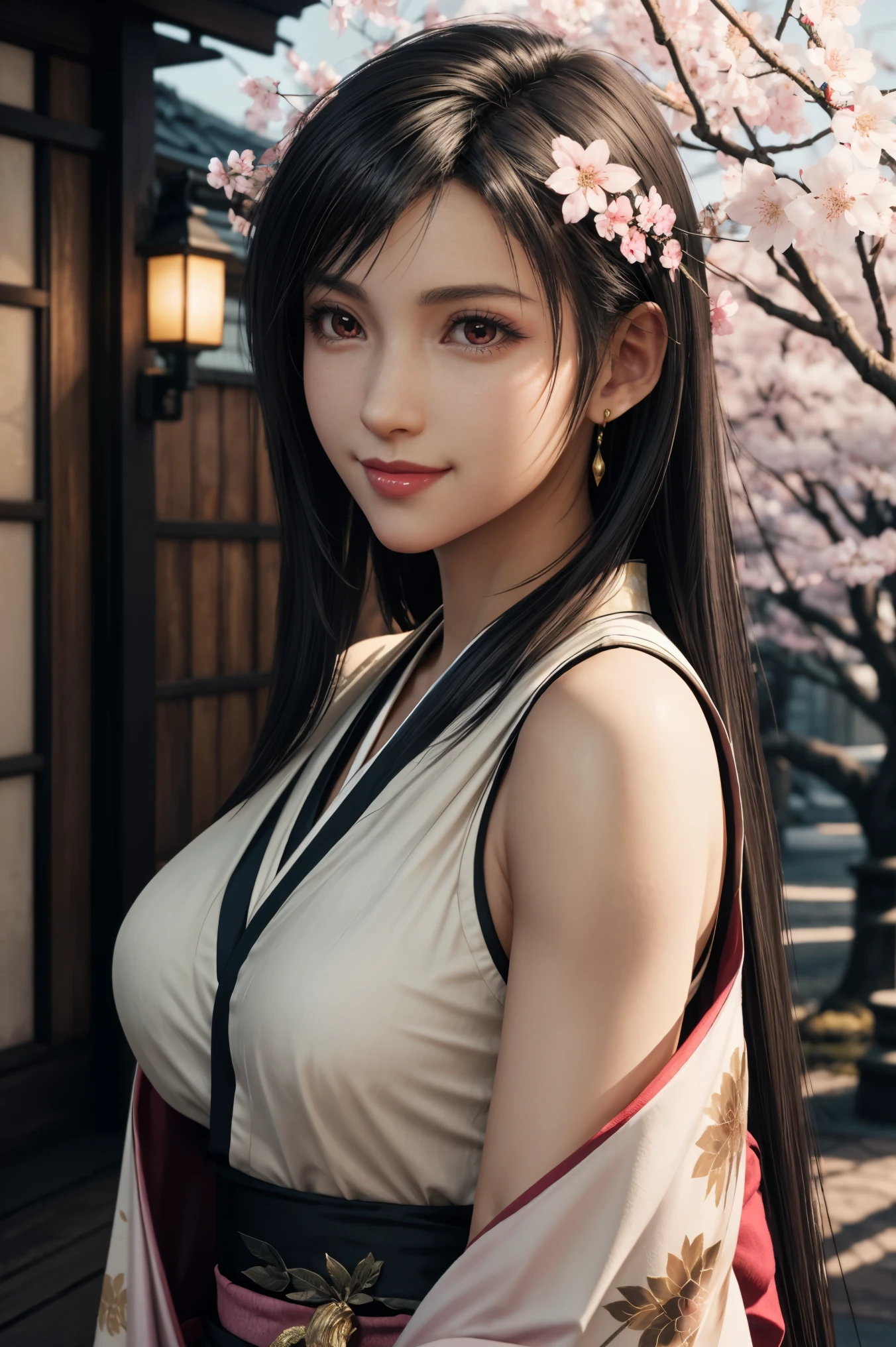 Tifa,FF7, beautiful long black hair,red eyes,PINK LIPS,white skin,A sakura-colored kimono studded with beautiful gold leaf,smile,super high image quality,super quality,masterpiece,DSLR,Photorealistic, Detailed Details,Vivid details,drawn in detail,detailed face, Detailed Details,Super Details,realistic skin texture that shows through the whole body, colorful candy room ,Perfect Anatomy,anatomically correct hands,anatomically correct finger,intricate 3d rendering,Mysterious cherry blossom blizzard,sunset,Beautiful Dusk,Beautiful Japanese Scenery,Painting-like Beauty,takes pictures of Hirose's whole body,9 heads,