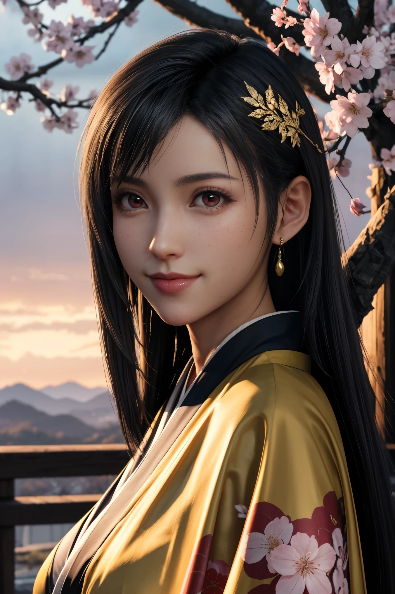 Tifa,FF7, beautiful long black hair,red eyes,PINK LIPS,white skin,A sakura-colored kimono studded with beautiful gold leaf,smile,super high image quality,super quality,masterpiece,DSLR,Photorealistic, Detailed Details,Vivid details,drawn in detail,detailed face, Detailed Details,Super Details,realistic skin texture that shows through the whole body, colorful candy room ,Perfect Anatomy,anatomically correct hands,anatomically correct finger,intricate 3d rendering,Mysterious cherry blossom blizzard,sunset,Beautiful Dusk,Beautiful Japanese Scenery,Painting-like Beauty,takes pictures of Hirose's whole body,9 heads,