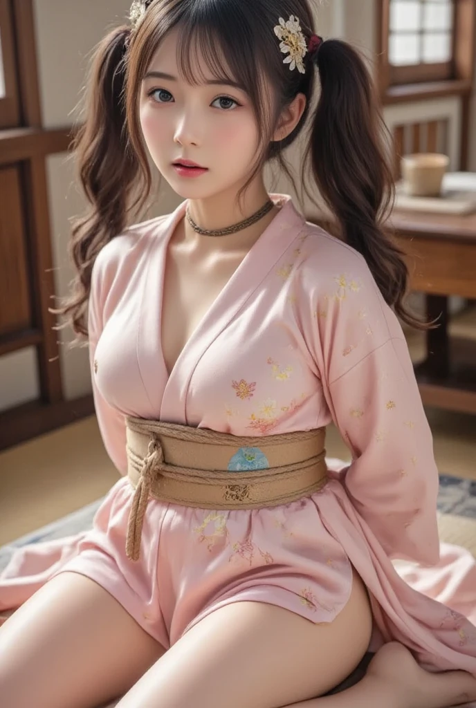masterpiece, Highest quality,Very detailed,High resolution,(Realistic,photoRealistic:1.37),Excellent anatomy,One beautiful woman,1,Sexy Idol,(((Focus on the thighs:1.5))),(((no panties:1.6))),(((Spread your legs,sit,Provocative dynamic pose:1.6))),(((beautiful pussy line:1.6)))A small smile,(((Sexy and cute:1.5))),(((Ultra-mini skirt pink floral yukata:1.6))),((Very delicate and beautiful)),((Japanese-style room with tatami mats:1.3)),Brown Hair,Long Hair,bangs, Floating Hair NovaFrog Style,Very beautiful face,Cute type,Baby Face,Big Natural Color Lip,((Big and pretty eyes,Brown eyes,Obvious double:1.3)),Small and cute nose,Brown eyes,Shiny highlight spots around the eyes,Character Focus,Tilt your head,The best light,Best Shadow,Mysterious perfect face,Very detailed,Soft Skin,(Glowing Skin, Sweaty:1.3)'Beautiful feet, Voluptuous thighs,Plump body,Huge breasts,(Expressing the roundness and softness of the chest),Beautiful body,(The perfect woman)