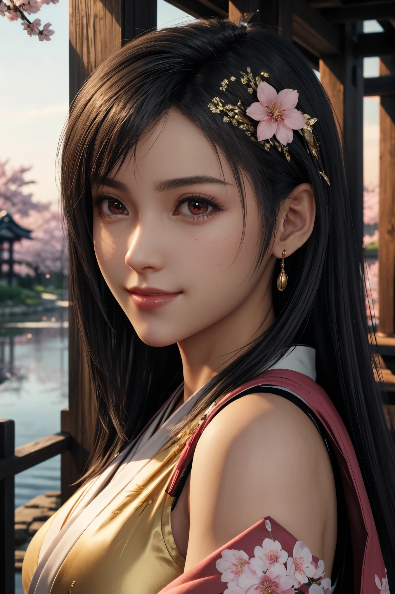 Tifa,FF7, beautiful long black hair,red eyes,PINK LIPS,white skin,A sakura-colored kimono studded with beautiful gold leaf,smile,super high image quality,super quality,masterpiece,DSLR,Photorealistic, Detailed Details,Vivid details,drawn in detail,detailed face, Detailed Details,Super Details,realistic skin texture that shows through the whole body, colorful candy room ,Perfect Anatomy,anatomically correct hands,anatomically correct finger,intricate 3d rendering,Mysterious cherry blossom blizzard,sunset,Beautiful Dusk,Beautiful Japanese Scenery,Painting-like Beauty,takes pictures of Hirose's whole body,9 heads,