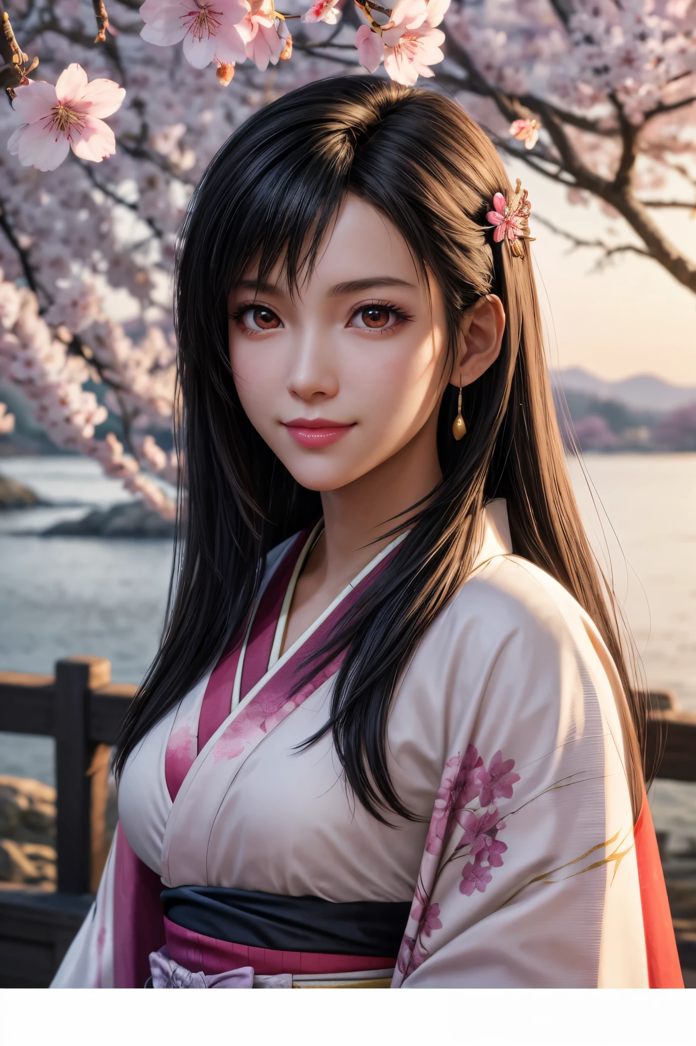 Tifa,FF7, beautiful long black hair,red eyes,PINK LIPS,white skin,A sakura-colored kimono studded with beautiful gold leaf,smile,super high image quality,super quality,masterpiece,DSLR,Photorealistic, Detailed Details,Vivid details,drawn in detail,detailed face, Detailed Details,Super Details,realistic skin texture that shows through the whole body, colorful candy room ,Perfect Anatomy,anatomically correct hands,anatomically correct finger,intricate 3d rendering,Mysterious cherry blossom blizzard,sunset,Beautiful Dusk,Beautiful Japanese Scenery,Painting-like Beauty,takes pictures of Hirose's whole body,9 heads,