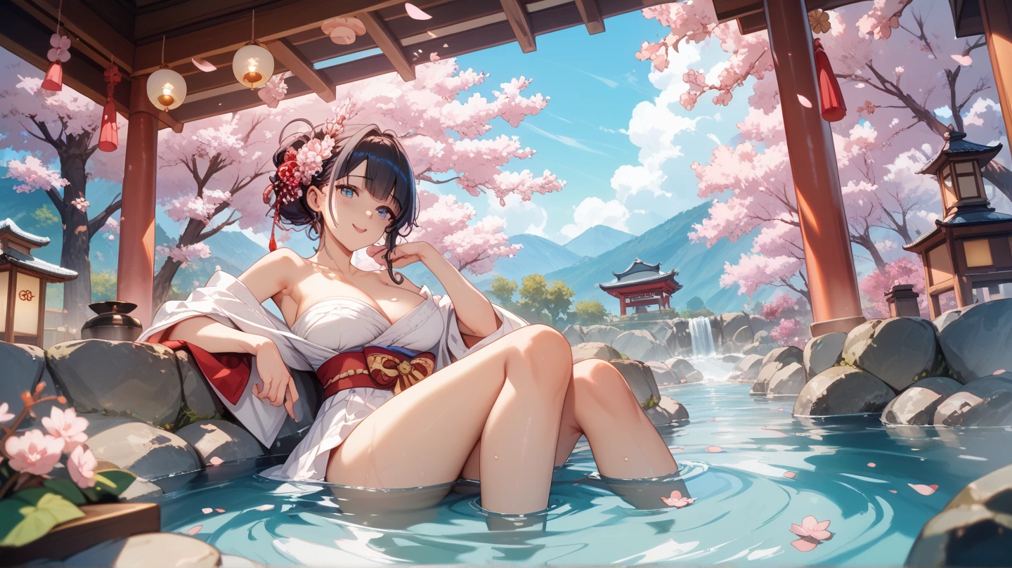 4k, masterpiece, highest quality, full body, midnight, bikini with yukata, big breasts, short black hair, embarrased, full height, clear eyes, intricate detailed, dramatic, makoto shinkai, sitting on rock under sakura tree