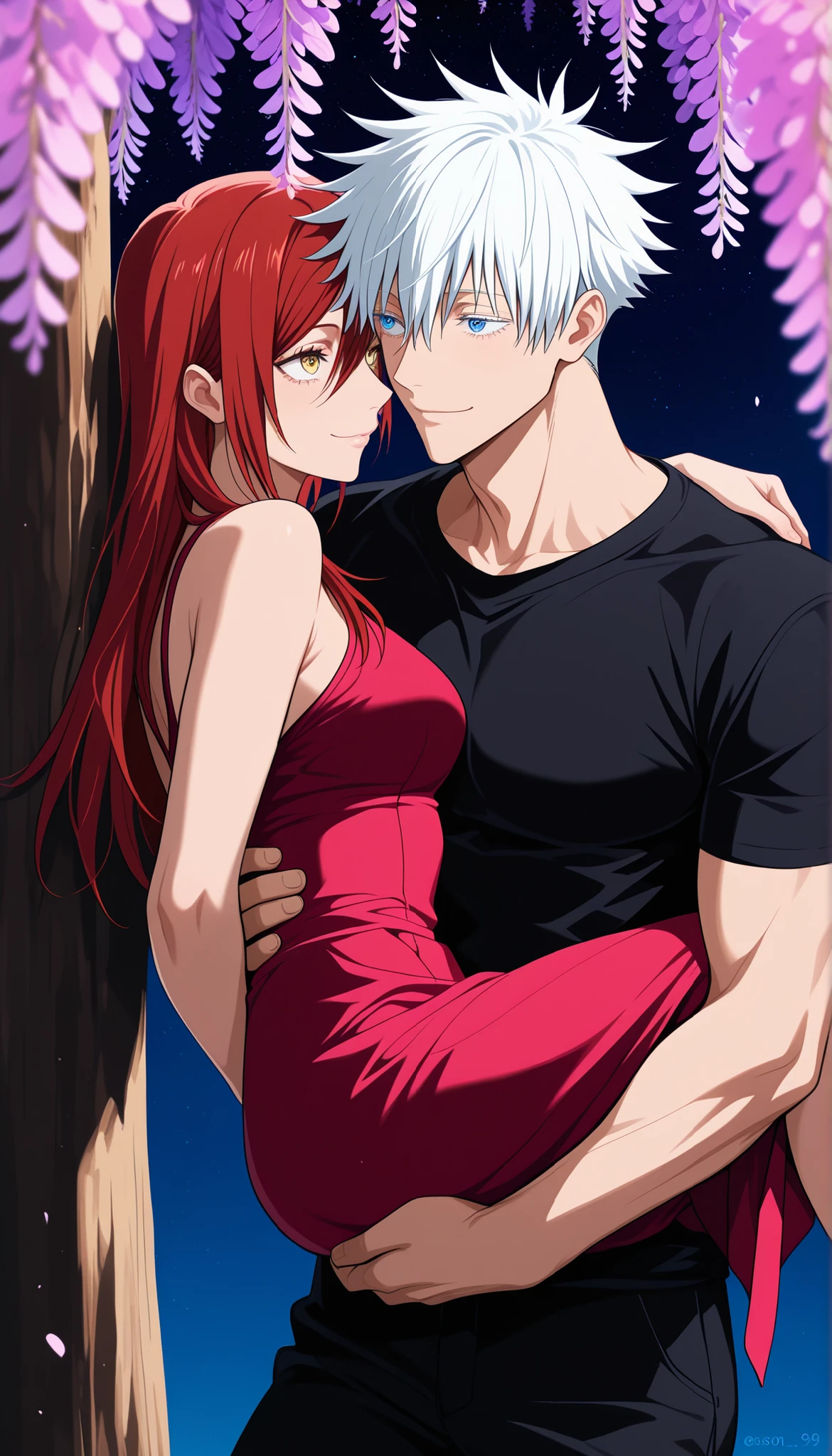 masterpiece, best quality), safe, amazing quality, very aesthetic, absurdres, highres, newest, HDR, 8K, high detail RAW color art, large pupil, eyelashes, couple, hetero, duo focus, (size difference, high difference), smile, having fun, Standing under a large tree Wisteria sinensis, pink colors flowers BREAK female focus, 1 woman, (medium Breasts:0.9), sexy, sharp golden eyes , hair between eyes ,red hair, lang hair, long side bangs , very long red hair, red dress, clear highlights , Perfect Eyes, red dress, carrying, night starry sky, BREAK 1man, male focus, adult, Gojo Satoru, Jujutsu Kaisen, male focus, white hair, short hair, blue eyes, cool large shirt, black shirt, muscular, sexy man, handsome, mature, handsome, sexy man, sensual, lean, muscular, cool black shirt, black pants