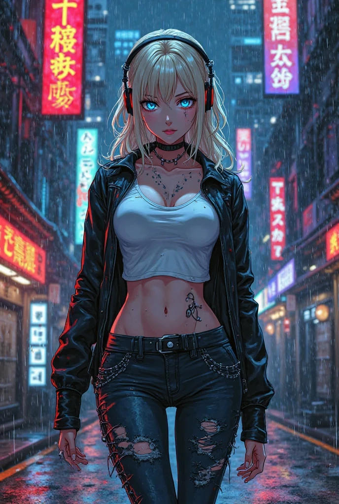 young girl short hair, blond hair, high faux hawk haircut, blue eyes, tattoed arm with thunders, black thunder tattoos, tank top white shirt, black letter pants, on a city, in one storm, night, thunders in the sky,   provocative smirk, sultry look, seductive, 