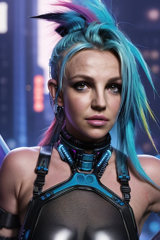 A very futuristic alien woman looks at the camera. Braided hair. Tattoos. Luminous chip on the temple. Blue and magenta hair (4K) (Ultra HD) (cinematic lighting) (cinematic look) (cinematic fiction) ((cyberpunk style)), high-tech city, mechanical enhancement (high-tech fantasy), robotics, Blade Runner 2049, ((cyberpunk style)), high-tech city, mechanical upgrade, (high-tech fantasy), robotics