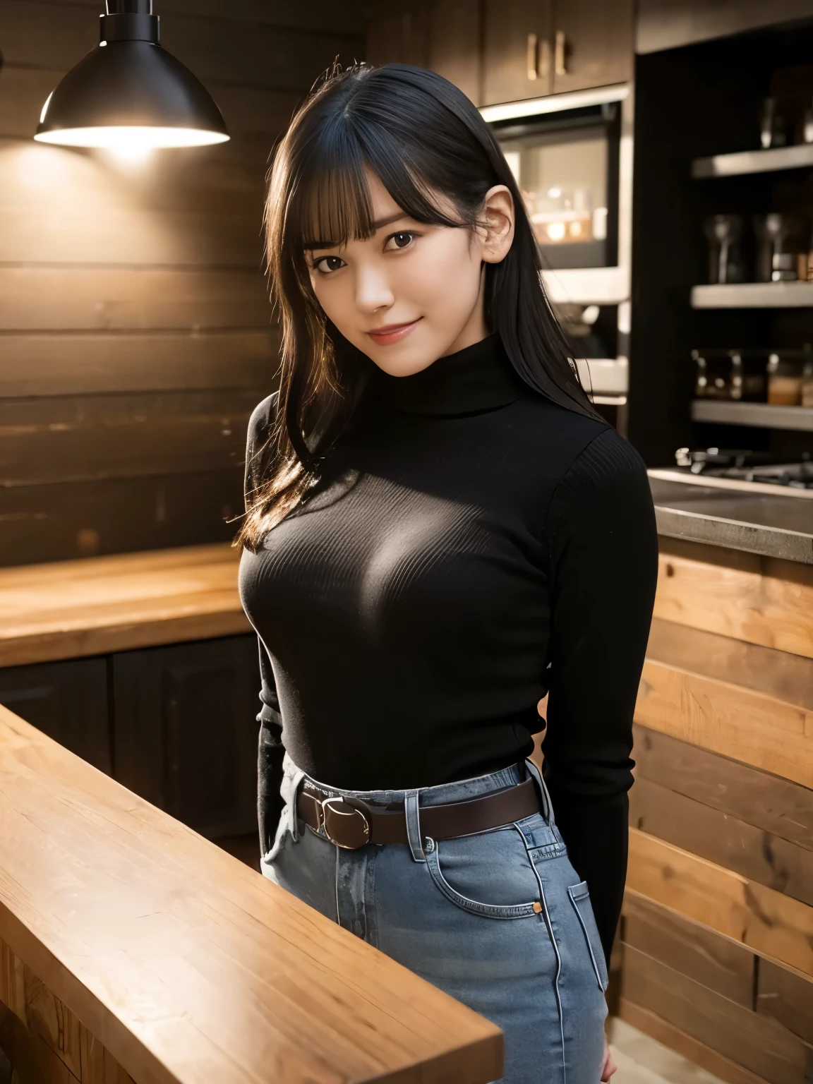 one girl, female, masterpiece, Best Quality, Best Quality, Cinema Lighting, (Volume Lighting), very detailed CG unity 8k Wallpaper, concentrated, 8k Wallpaper, very detailed, Super Real, realistic, 鋭いconcentrated力, absurd, (high resolution:1.2), (high contrast), pictures, Detailed and Complicated, instagram, portraits, very detailed , Art Station, concept art, smooth, 鋭いconcentrated力, shape, Cinema Lighting, (big breasts),RAW photo、textured skin, MONOTONE CAFE 、 wooden counter 、Monotone interior 、 wooden floor 、 (White solid high neck knit:1.3)、 Long sleeve knit 、 high waist skinny jeans、 Pichi Pichi knit sweater, (accentuates a large bust line:1.1), (smile), black hair, short at night in the bedroom,