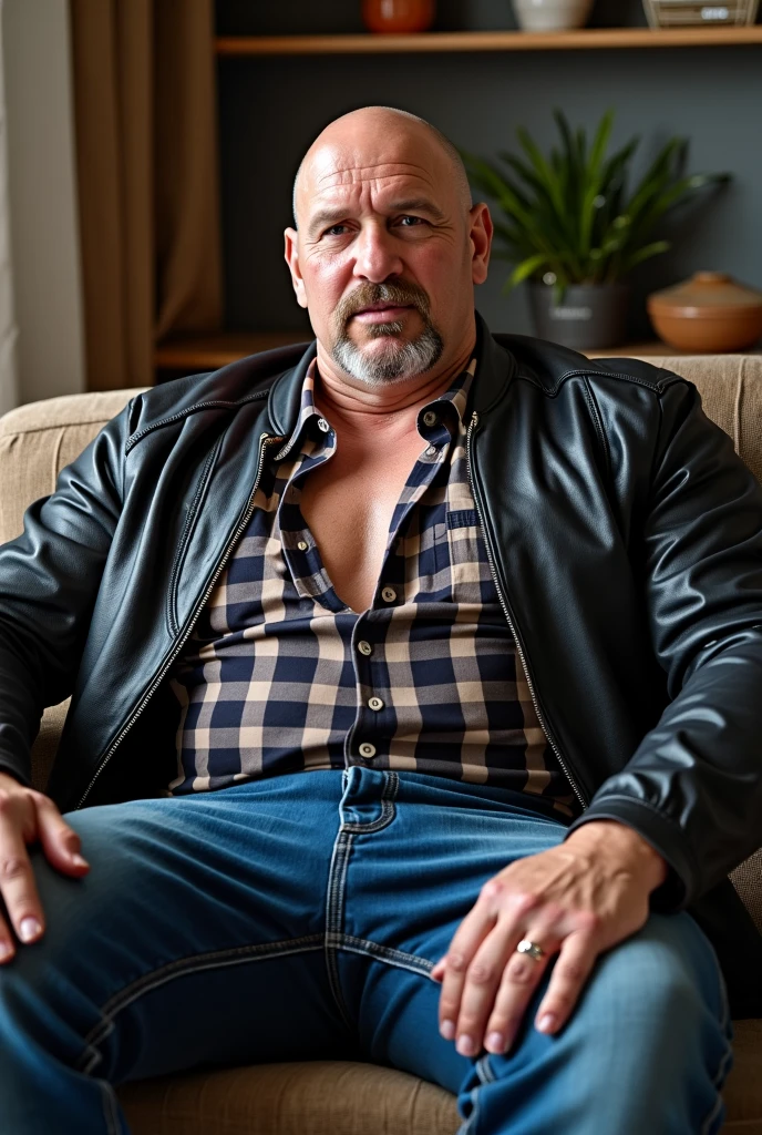 robert_dd a 47 yo man, daddy, dilf, laying down on the couch, drunk wearing jeans and a open black jacket, showing his hairy beefy chest, hair with gray tips. 4k, backlight, cinematic, cinematic light, master piece, ultra detailed, correct eyes and face,