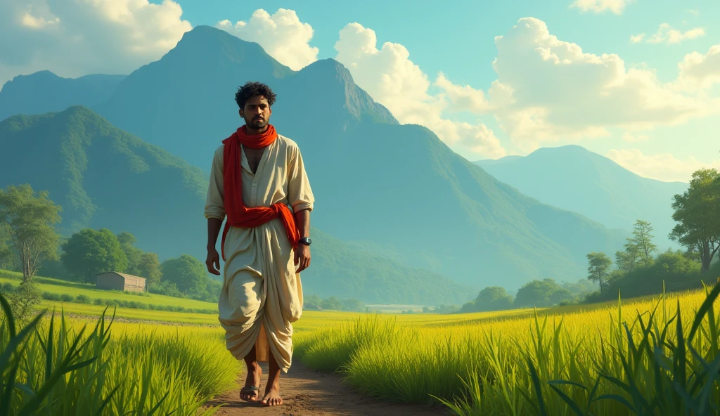 A poor Indian farmer is looking towards the sky waiting for rain in his rice fields.