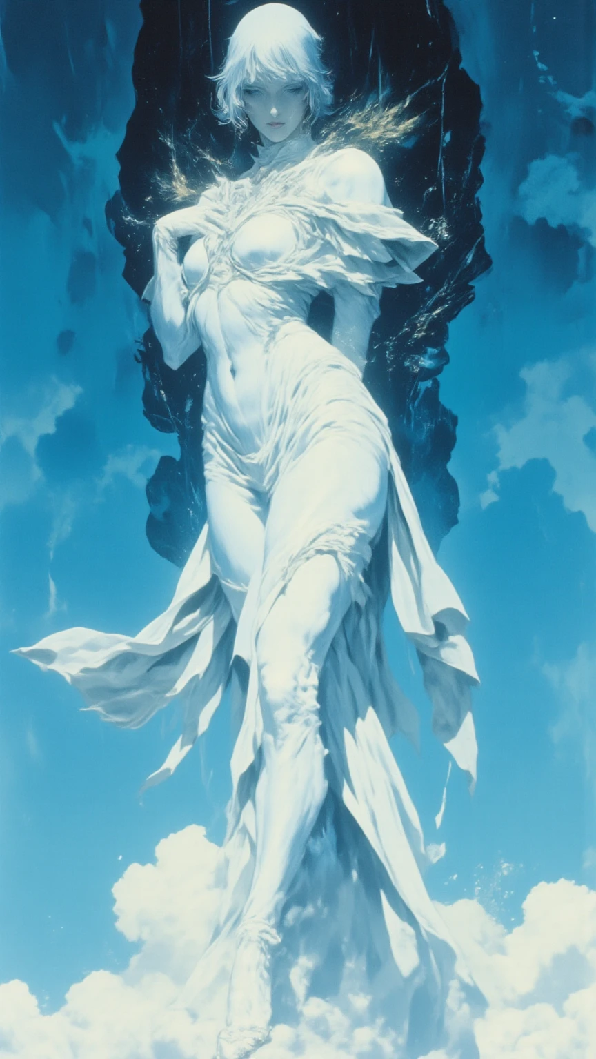 surrealism, A sexy goddess woman, sitting comfortably on a cloud, with a beautiful view, tmari, sketch, traditional media, pen drawing, white background (art inspired by Bill Sienkiewicz). oil painting)