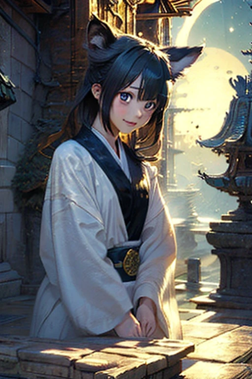 Clear picture,beautiful detailed sky,masterpiece,best quality ,extremely detailed 8k wallpaper,1 male child taoist wearing pure white robe,he is holding a paper fan<lora:taoist_20230623200708:0.36>,looking at viewer,elegant face,detailed face,ready to fight,long hair,black hair,action pose,he is standing in front of transparent glowing female taoist, PIXIV,bright eyes,cool face,clear and proper fingers,no headgear