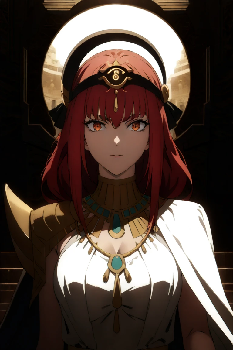 akima from Chainsaw Man as a mature, elegant Egyptian queen, wearing a white silk linen dress with gold embroidery, elaborate golden and turquoise jewelry, wide collar necklace, gold arm cuffs, and an ornate headpiece with the Eye of Horus. Her long red hair is braided with golden thread. Sharp, confident eyes with bold Egyptian eyeliner. Regal and commanding posture, Egyptian palace throne room, cinematic lighting, ultra-realistic, high-definition portrait, fantasy realism, mature face, intense expression, detailed textures, 4K,fullbody 