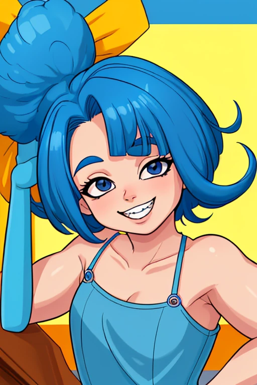 ((1girl, nico robin, nico robin from one piece, 1girl, white background, crop top, midriff, navel, sarong, eyewear on head, zipper, Partially unzipped)), upper body, anatomically correct, chibi, simple background, smile, cleavage, looking at the viewer, large hair