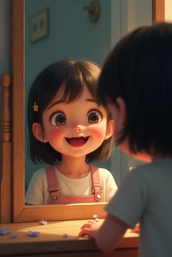 A 3 girl is sitting in front of the mirror. She is laughing in the mirror but in reality she is crying.