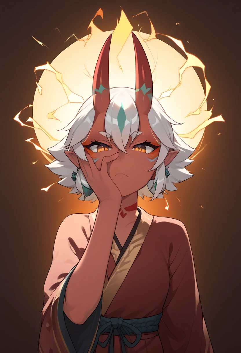 score_9,score_8_up,score_7_up,score_6_up,score_5_up,score_4_up, girl, solo, hand near face, energy coming out of palm, energy forming into oni face