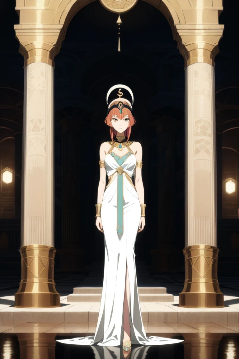 Makima from Chainsaw Man, full body, mature elegant woman, wearing a white silk linen dress with golden embroidery, ancient Egyptian princess outfit, elaborate gold and turquoise jewelry, wide golden collar necklace, golden snake arm cuffs, ornate Eye of Horus headpiece, braided red hair with golden thread, bold Cleopatra eyeliner, serious confident expression, standing in a majestic Egyptian palace, golden pillars, cinematic lighting, ultra-detailed textures, regal posture, fantasy realism, 8k, masterpiece, photorealistic