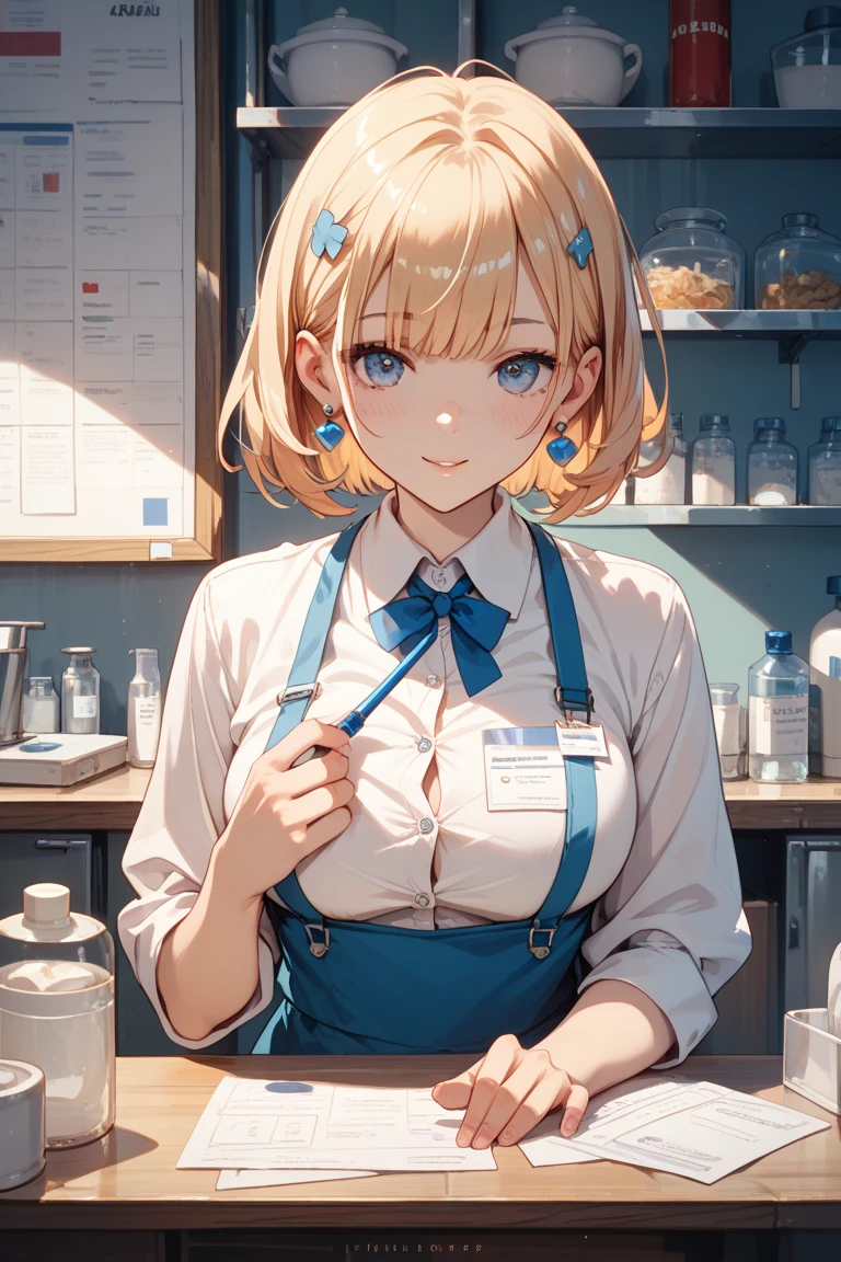 Anime style, super fine illustration, highly detailed, beautiful detailed, perfect detailed, super high quality image, static representation, gentle expression, happy expression, the pretty image, 8k, pretty perfect girl with blonde straight short hair & blue eyes & a bright smile & full bust & soft fair skin is a female nurse not to show her skin wearing all white uniform & white tight skirt on the corridor of big general hospital, medical equipments, bed, solo, perfect fingers, no more fingers, no less fingers, perfect arms, no more arms, perfect legs, no more legs, masterpiece.