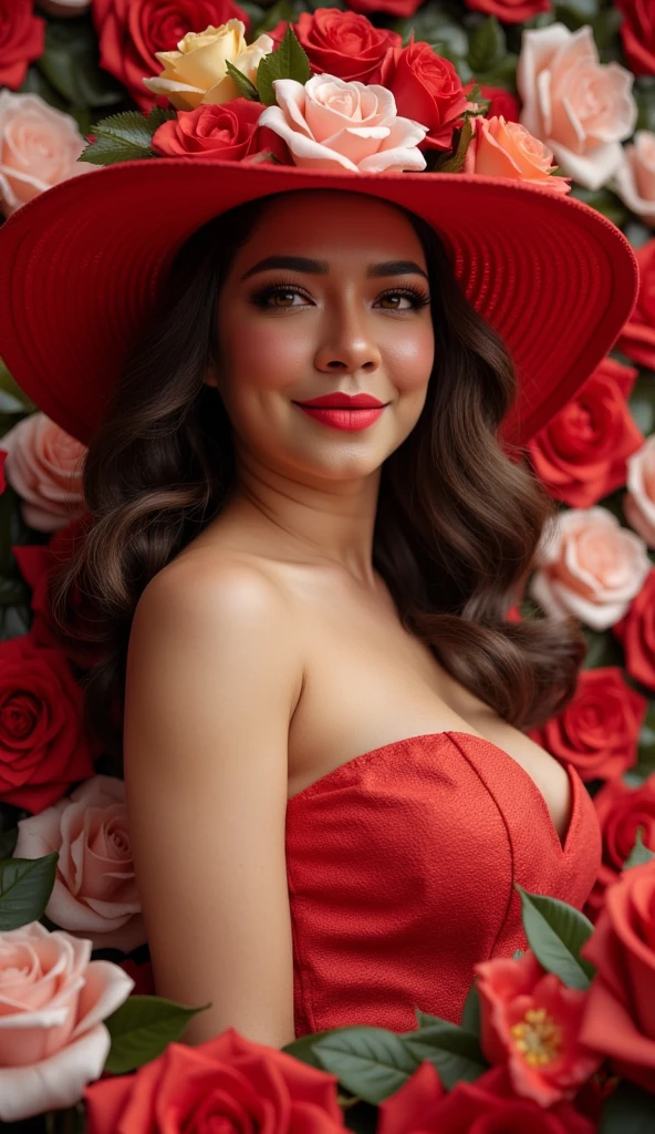 Mulher latina com um rosto deslumbrante, 25 anos, pele bronzeada, vestido vermelho, Olhar sedutor, sorriso brilhante