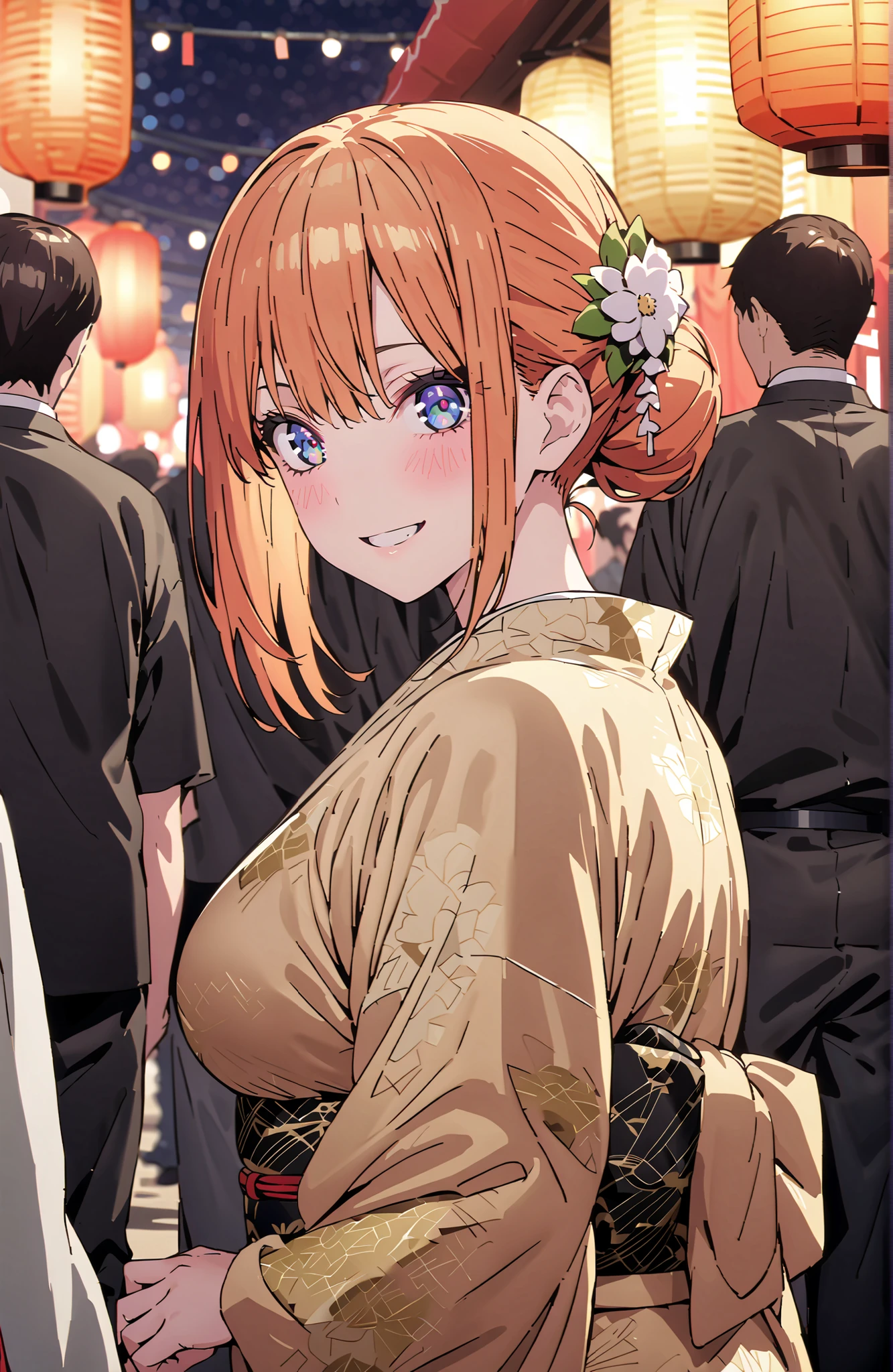 score_9, score_8_up, score_7_up, source_anime,中野四葉, bungs, solo,blue eyes, o, orange hair that gets down to the knee, Eyebrows hidden by hair, Side Lock,single bun hair,flower hair ornament,Nape,Big Breasts,Green floral kimono,Light up fireworks,turns around,smile,cover,grinning,standing,Japanese festival stall night,Red Lantern,crowd,full bodyがイラストに入るように,break outdoors, Japanese Festival,
break looking at viewer,full body,
break (masterpiece:1.2), BEST QUALITY, high resolution, Unity 8Kの壁紙, ( illustration :0.8), (beautiful detailed eyes:1.6), very detailed face, PERFECT LIGHTING, highly detailed CG, (perfect hand, Perfect Anatomy),