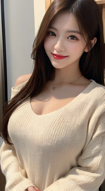 1 person、In detail, High resolution, Highest quality、Beautiful fine details, long hair, Natural color lip、Clear Skin、Shiny Hair、Tabletop, Super detailed, In detail, High resolution, 8K、Cute pose,Beautiful feet,Perfect beautiful face,KPOP idol faces,Ecstatic face、Cute face,leather skirt、Off-the-shoulder sweater、smile、Shopping mall、belt、Seduce、Close-up of face、Upper Body、Show off your cleavage、choker、Join hands