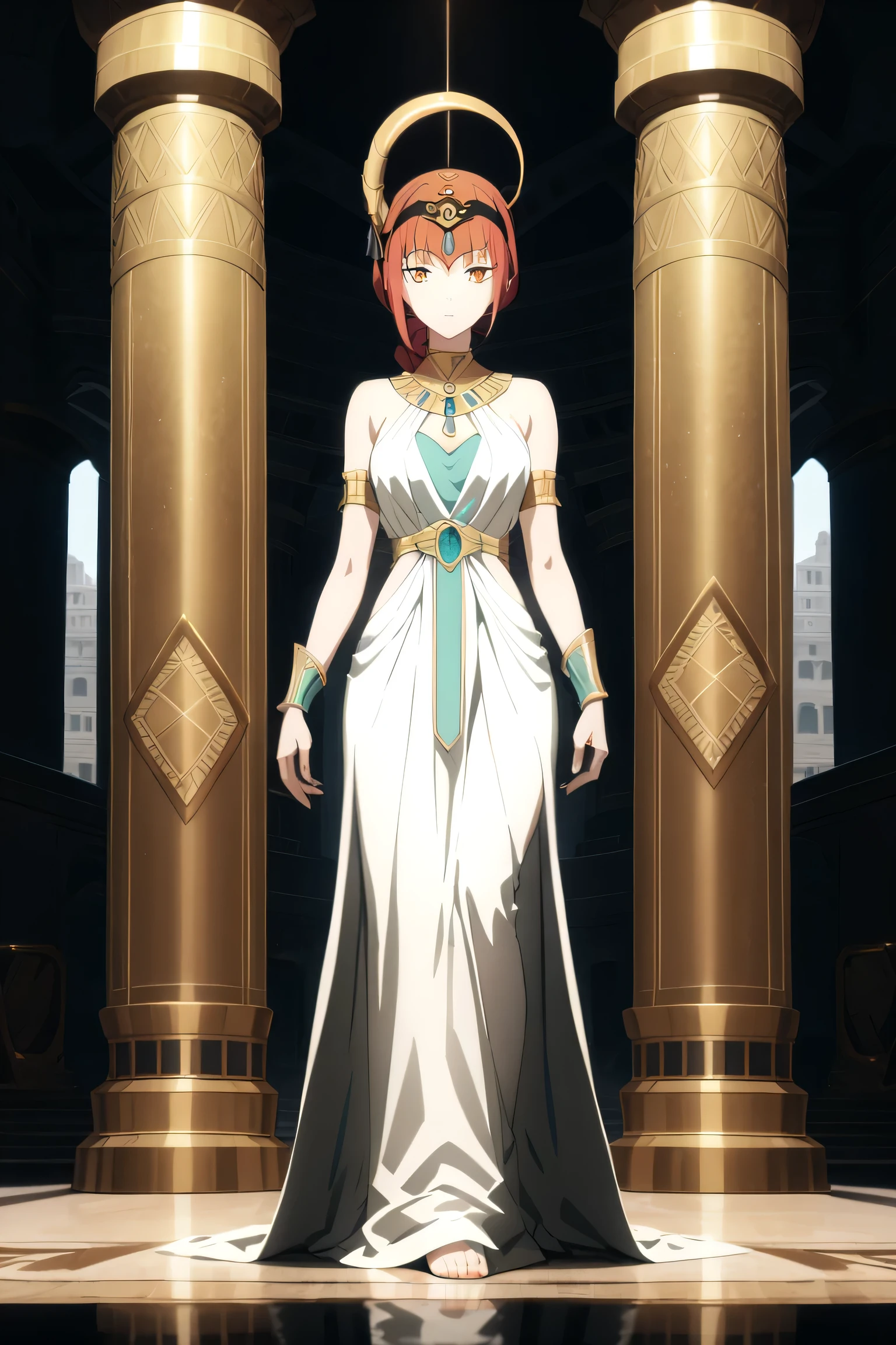 Makima from Chainsaw Man, full body, mature elegant woman, wearing a white silk linen dress with golden embroidery, ancient Egyptian princess outfit, elaborate gold and turquoise jewelry, wide golden collar necklace, golden snake arm cuffs, ornate Eye of Horus headpiece, braided red hair with golden thread, bold Cleopatra eyeliner, serious confident expression, standing in a majestic Egyptian palace, golden pillars, cinematic lighting, ultra-detailed textures, regal posture, fantasy realism, 8k, masterpiece, photorealistic