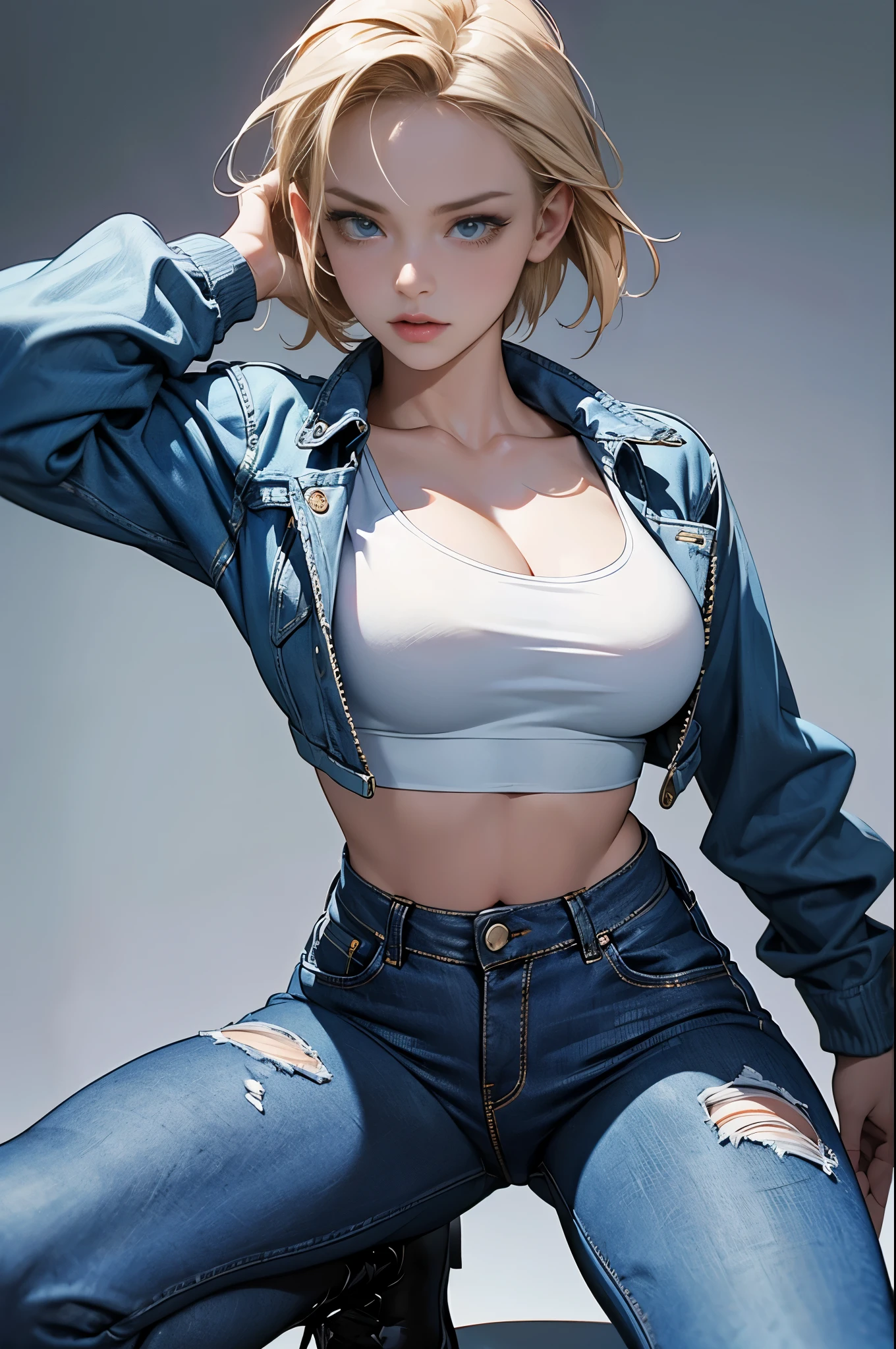 (highly detailed back ground:1.0)、(highly detailed back ground:1.0)、absurderes、((masterpiece:1.2、top-quality))、ultra-detailliert、Ultra-precise depiction、Ultra-detailed depiction、top-quality、ighly detailed、(dynamicposes)、(Photorealsitic:1.4)、Official art、Unity 8k壁纸、Beautifully Aesthetic、looking at the viewers、1womanl、Wide waist、(shinny skin)、Many colors、dynamic ungle、Most Beautiful Form of Chaos、elegent、Brutalist design、 romanticism, deep-shadows,Legs raised high to reveal white panties、 Unobtrusive, Beautiful camel toe、Looks Back,Beautiful panties、 android_18, and18, 18 with, 1girl in, Android 18, 独奏, blonde hair, blue eyess, shorth hair, Beautiful belly button、beautiful thigh、Beautiful udder、耳Nipple Ring, jewely, Denim Vest, open vest, Raw feet, Black shirt, Denim skirt, Striped long sleeves, a blue skirt,