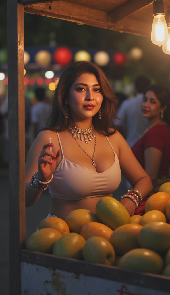 a close up of a woman in a yellow top surrounded by fruit, indian goddess, indian super model, traditional beauty, beautiful yellow woman, large breasts size, very beautiful woman, with large breasts, sexy girl, indian, gorgeous woman, stunning woman, cleavage, provocative indian, sexy movie photo, sexy girl with dark complexion, very very beautiful woman, thicc