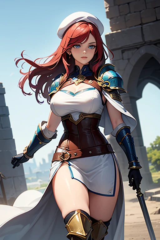 high quality fingers, normal hands, detailed fingers,masterpiece, (realistic, photo-realistic:1.37), (22 years old woman), katarina from league of legends, medium breast, small waist, dark red hair, blue eyes, beautiful face, perfect illumination, beautiful detailed eyes,looking at viewer, stunningly beautiful woman, detailed hairstyle, detailed background,shorts, detailed fantasy background, (sweat:1) --auto --s2