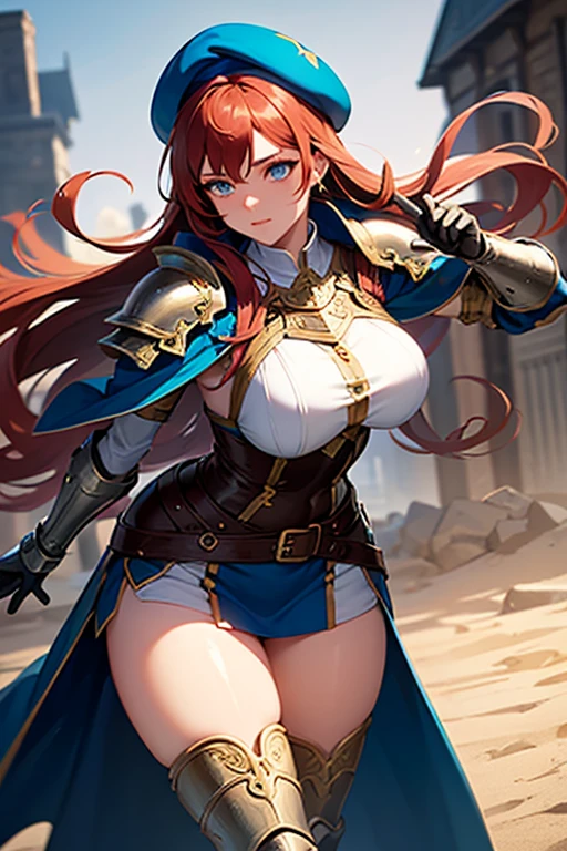 Mature woman, strong, dark skin, black bikini, cape, long red hair, large breasts, large thighs, can dynamic, heroic weight, fantasy, medieval, desert, sun, blue sky, well detailed brightness.