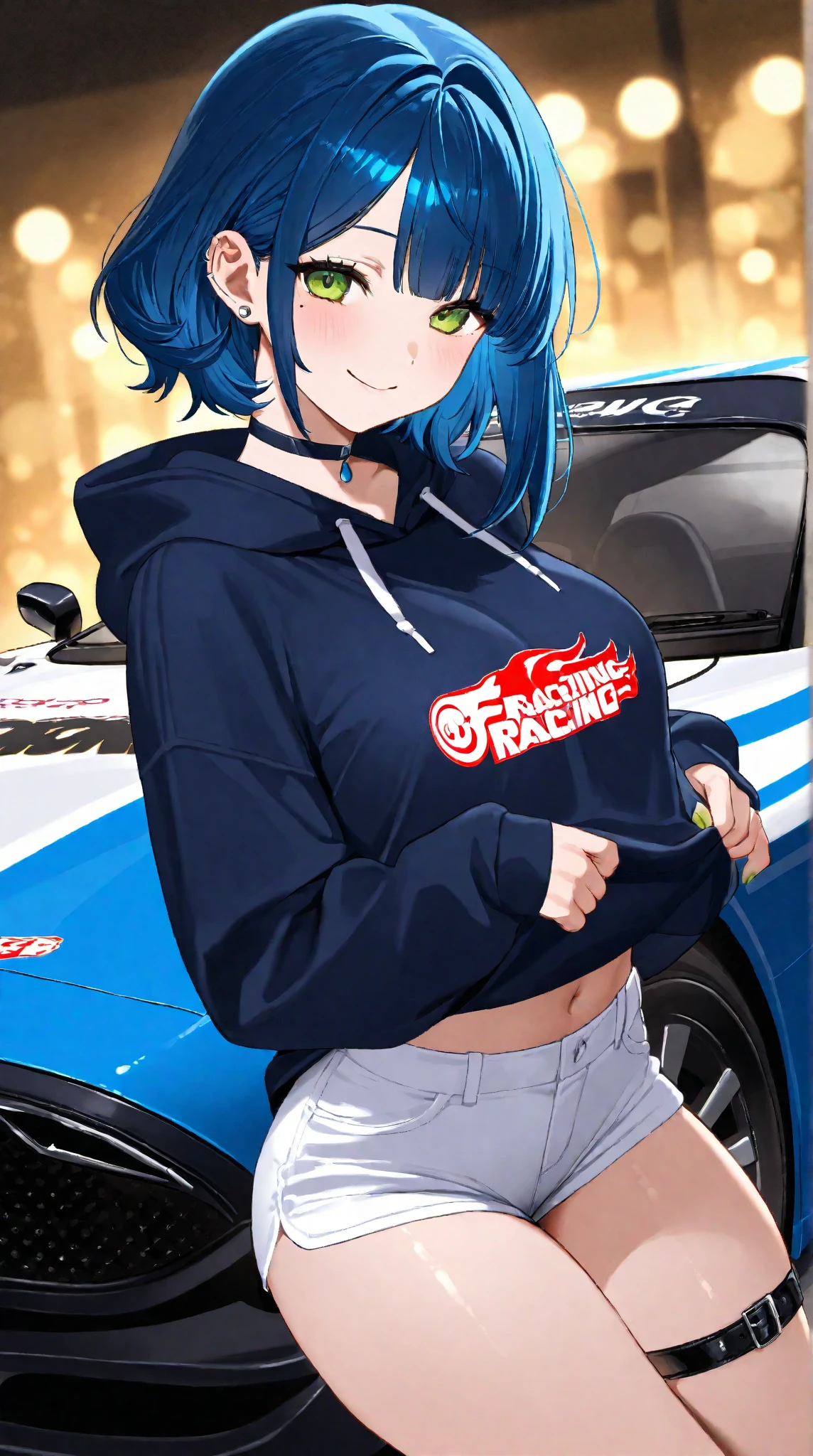 (work of art, best qualityer, hires, high resolution:1.2), (comely, Aesthetics, perfect, dainty, intricate:1.2), (Depth of field:1.2), (1 girl, standing alone), (mature woman), (darkskin, skin black, ebony:1.4), (a sexy racing driver leaning against the wall), (fleshy lips, Glossy lips), (shorth hair), (smiling), (racing driver uniform), (cowboy shot),
