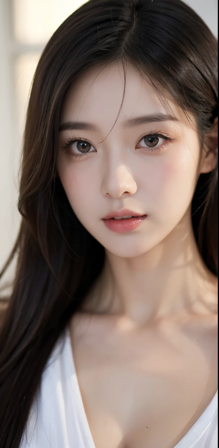 masterpiece、1 beautiful girl、 (Reality: 1.4), Japanese、asian beauty、Super beautiful、beautiful skin、Thin、(whole body)、(超Reality的な)、(High resolution)、(8k)、(Very detailed)、(Super detailed)、big eyes、Brown eyes、Long eyelashes、Detailed face、glossy lip,Bright lights、professional lighting、looking at camera、Serious expression、look directly、long hair、brown hair、Nogizaka Idol、actor、20 years old、Large Breasts、Large Breasts、wet skin、White spaghetti strap dress、Cleavage cut、baby face、Moisturizing and realistic skin texture、moist lips、Natural shades
