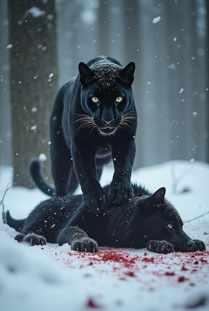 A dead polar bear killd by black panther