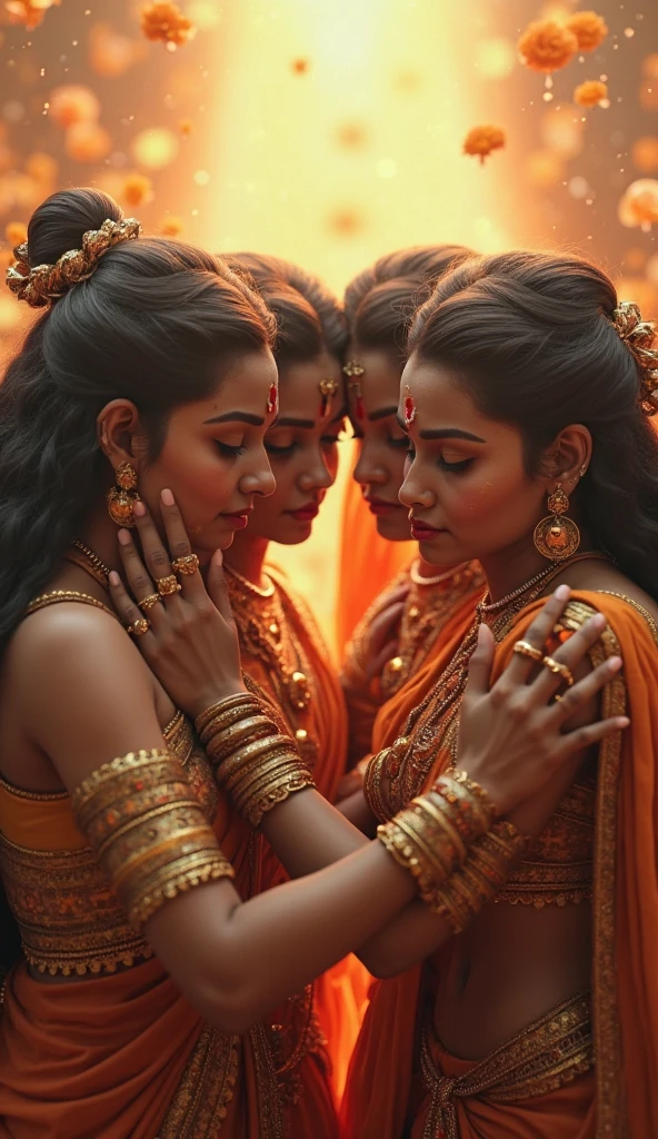 indian kali temple,three younger indian ladies in sarees,unnatural unreal wiered black 3c curly hairs like black springs,It is being coiled and coiled and coiled amd millon times coiled hairs made up in salon exact looking like image prompt,Showered highly wet hairs,Drenched and absorbed oil in their hair,like hair flooded with 10000000000000000000000000000000000000000000 liters of oil and soaked in thier hair,hairs like water pulp,Those hairs got pulpted and makes extremely very thick hair curls like black springs on thier hairs,Their hairs got coiled with oilness,Shinningcsnd shiningcand shinning like black mirrors stating big thick black springs,one lady kneeled down, other two bend over and licking head scalp of kneeled lady from behind, Like they raping kneeled lady' head scalp with kissing wildly