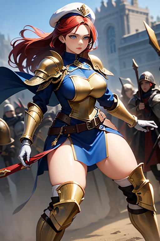 Redhead warrior, armor, medieval fantasy, D&d, RPG, ultra realistic, ultra detailed, best quality, 8k, wallpaper, steel breastplate, steel boots, steel gauntlets, steel gloves, back, raised ass, skirt lifted, red skirt, tiny panties, tight panties, white panties, open crotch, panty view, upskirt, thong, cameltoe, pantyshot, RAW,
