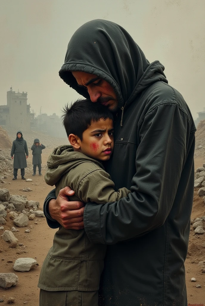 Depicts a Palestinian fighter wearing a black and white face covering saying goodbye to his in front of a collapsed building.