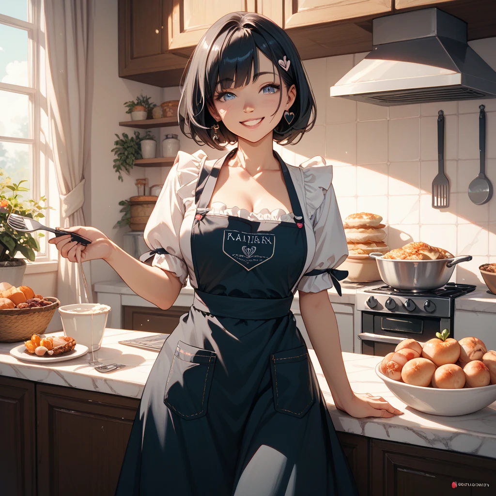 Avatar, showing the four words of delicious timebook, background modern kitchen The light is in the afternoon, the sunlight is shining through the kitchen window, a woman who is cooking, cute, smiling girl with short hair, cooking very seriously, the meal has aroma, wearing a chef's uniform --auto