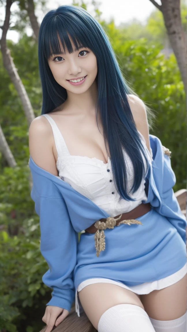 masterpiece, highest quality, Official Art, 8k wallpaper, Very detailed, figure, 1 girl, Sky Blue Hair, Long Hair, Fine grain, Forrest Gump, Exposing shoulders, Hanfu, lake, Pure, A kind smile, bamboo, tea