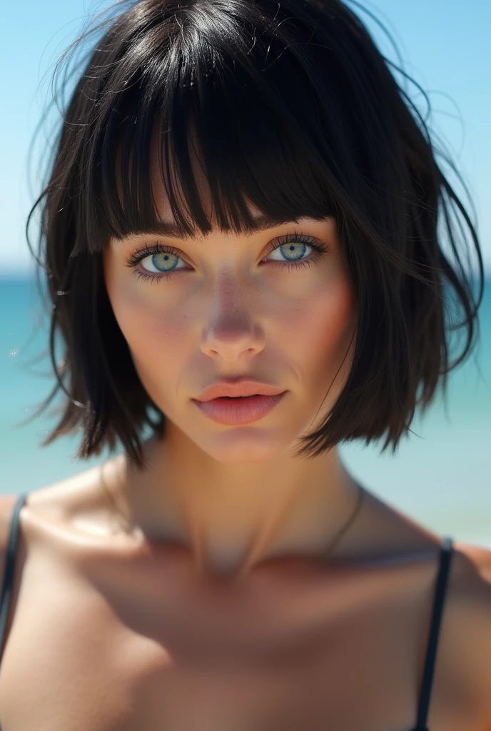 Petite 30 year old woman with short black hair and blonde highlights, blue eyes, on a beach