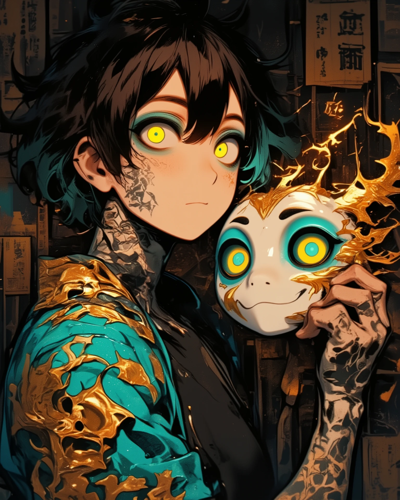Flawless women, wide view, Artistic tattoo, holding a Japanese tengu mask, intricate, Wearing a stylish blue shirt with a gold dragon pattern, Dim light, Chin lift pose, looking at viewer, Bright yellow eyes, Tattoo with Phoenix nuance, BREAK
Tengu mask with artistic patterns, With beautiful gold carving, Wide angle, full body image, realistic, "Generate a highly detailed and realistic portrait of a male character with a captivating and mystical aura. The character has starkly contrasting hair, split down the middle with pure black on one side and jet blue on the other, styled in a tousled, wind-blown look. His eyes are a striking blue, emitting a supernatural glow. Covering half of his face and neck are ornate, black tattoos inspired by traditional East Asian art, featuring intricate dragon and phoenix motifs.
The character is holding a glossy white mask with golden highlights that resemble a stylized theatrical fox, complete with piercing eyes and elegant script characters along the cheek. This mask reflects an air of mystery and drama. His attire is a simple, dark T-shirt that fades into the shadows of the background, ensuring all focus is on his face and the mask. The overall tone of the image is dark and enigmatic, with a touch of ancient mystique blended with a modern aesthetic.", ((4k, 8k, Ultra HD)), ((Masterpiece :1.2)), ((Best quality :1.2)), ((Detailed :1.5)), ((Detailed background :1.5)), EnD_Fashion Style, 748cmstyle