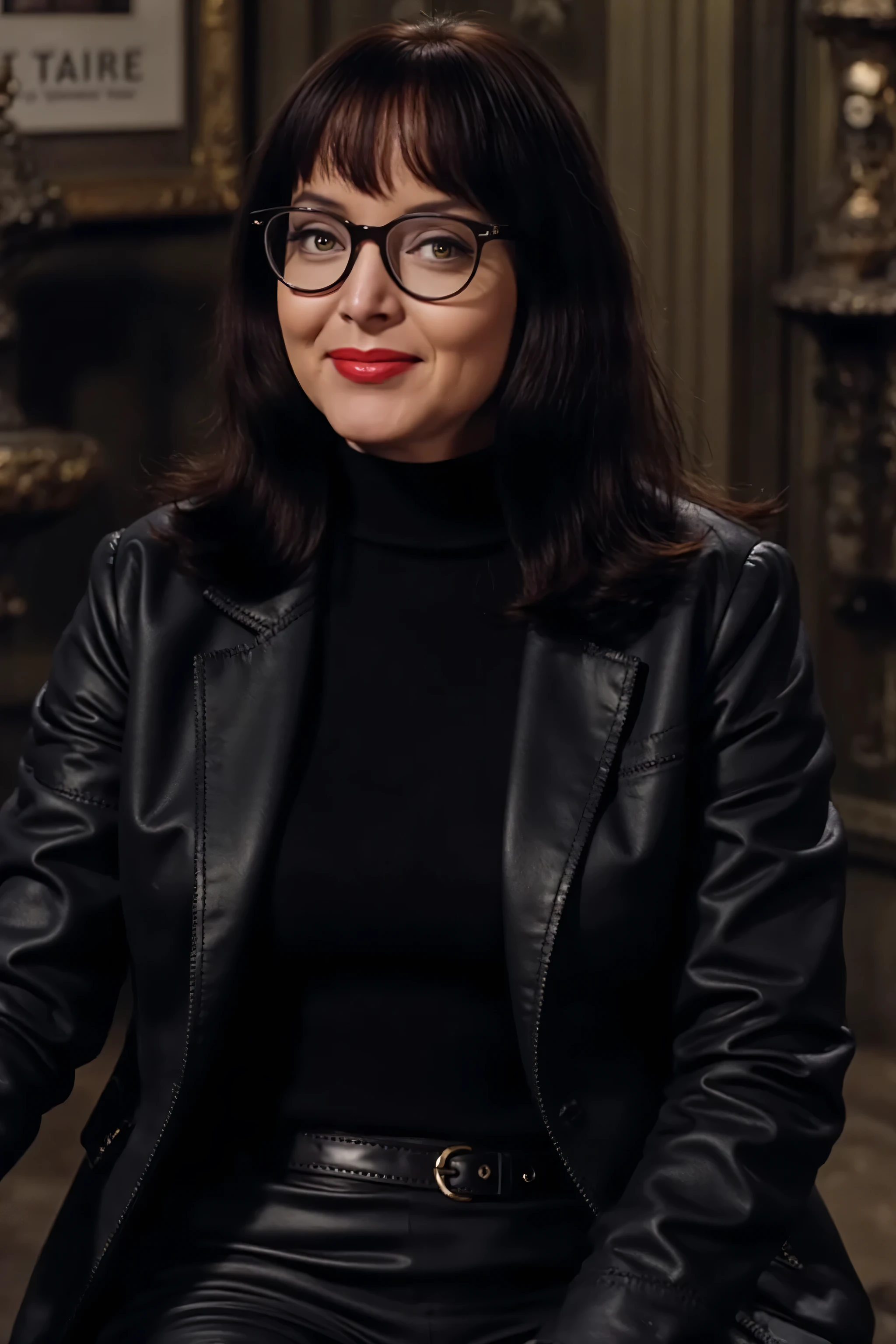 Ultrarealistic, 4k, highly detaily picture. Dark brunette Carolyn Jones wearing a black leather suit jacket, wearing black leather turtleneck blouse, wearing glasses, black leather pants, wearing black leather knee high boots. she is smiling. She is sitting on a chair