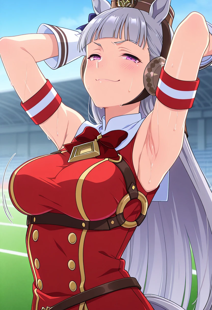 Outdoor、Racecourse Turf、Red sleeveless、Cleavage、Areola、Underarm、Sweaty、blush、smile、Big Breasts、Nipples、Obscene pubic hair、Pussy spreading and showing off