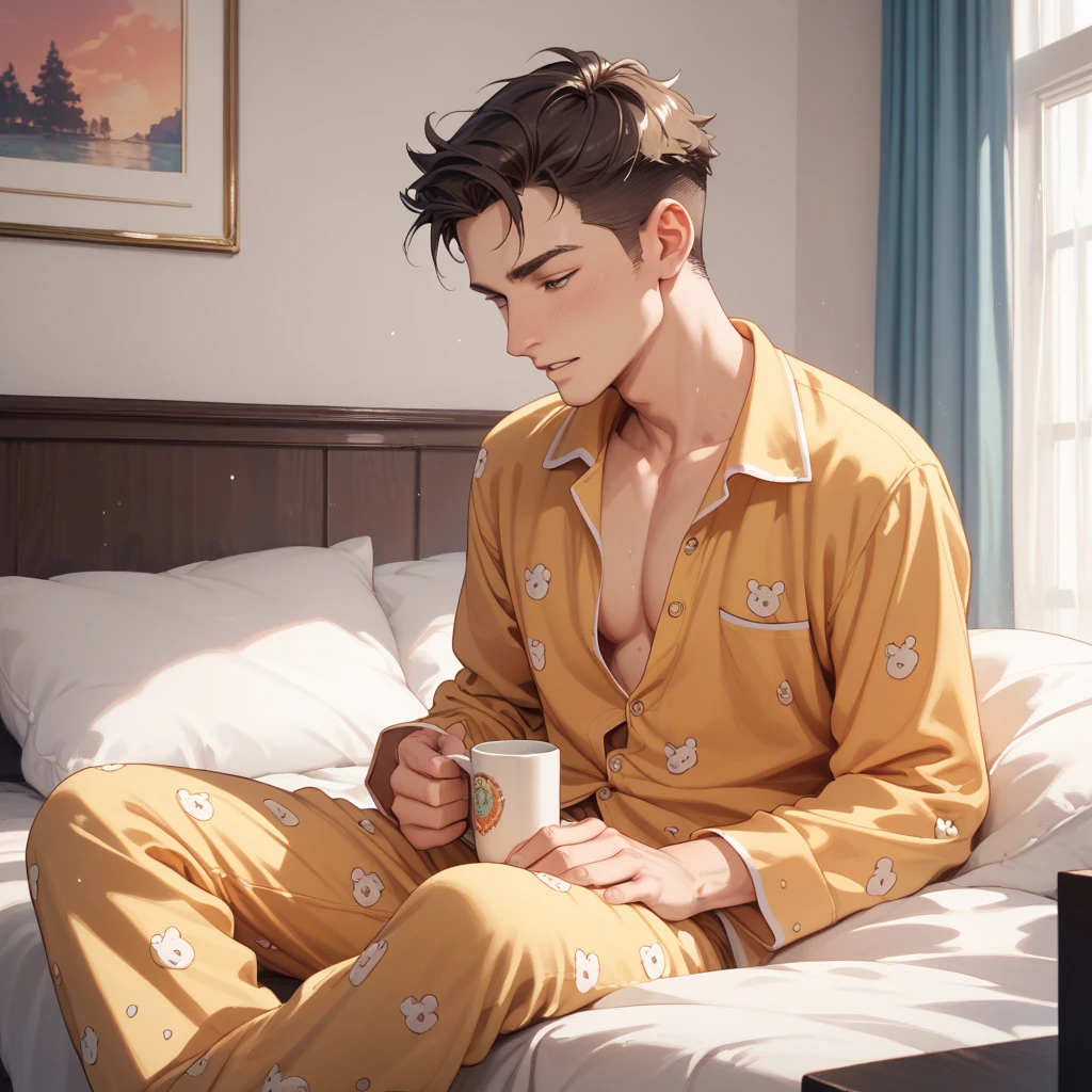 Male, short black hair, wearing white pajamas, lying on sofa, drinking beer, room background