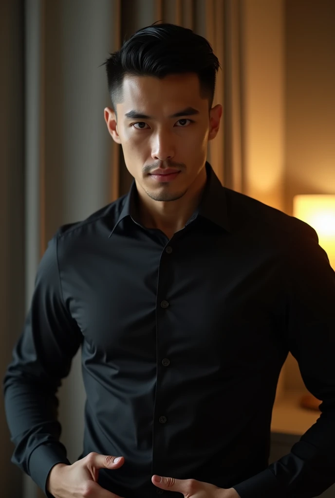 Asian man(korean,vietnamese,chinese,Japanese), 20 years old, Handsome and elegant,beardless, Wearing a  transparent shirt, sexy , Masculine and handsome，musculous，Muscles look good，hairy bodies, with fair skin,, Full body photo,(ultra-detailed, photorealistic, best quality, 4k, 8k, highres, masterpiece:1.3), charming  , (muscular build body), wearing tailored shiny  dress shirt, with the top button casually undone, perfectly fitted charcoal trousers, sweat, unbutton buttons shirt, lewd face ,tight chest, sex, erotic, horny,  Accessories include a luxury wristwatch , in crowded places,looking at viewer,muscle veins, sexy posing,lying on the ground,top view,Wet shirt reveals muscles,No underwear,lewd smile