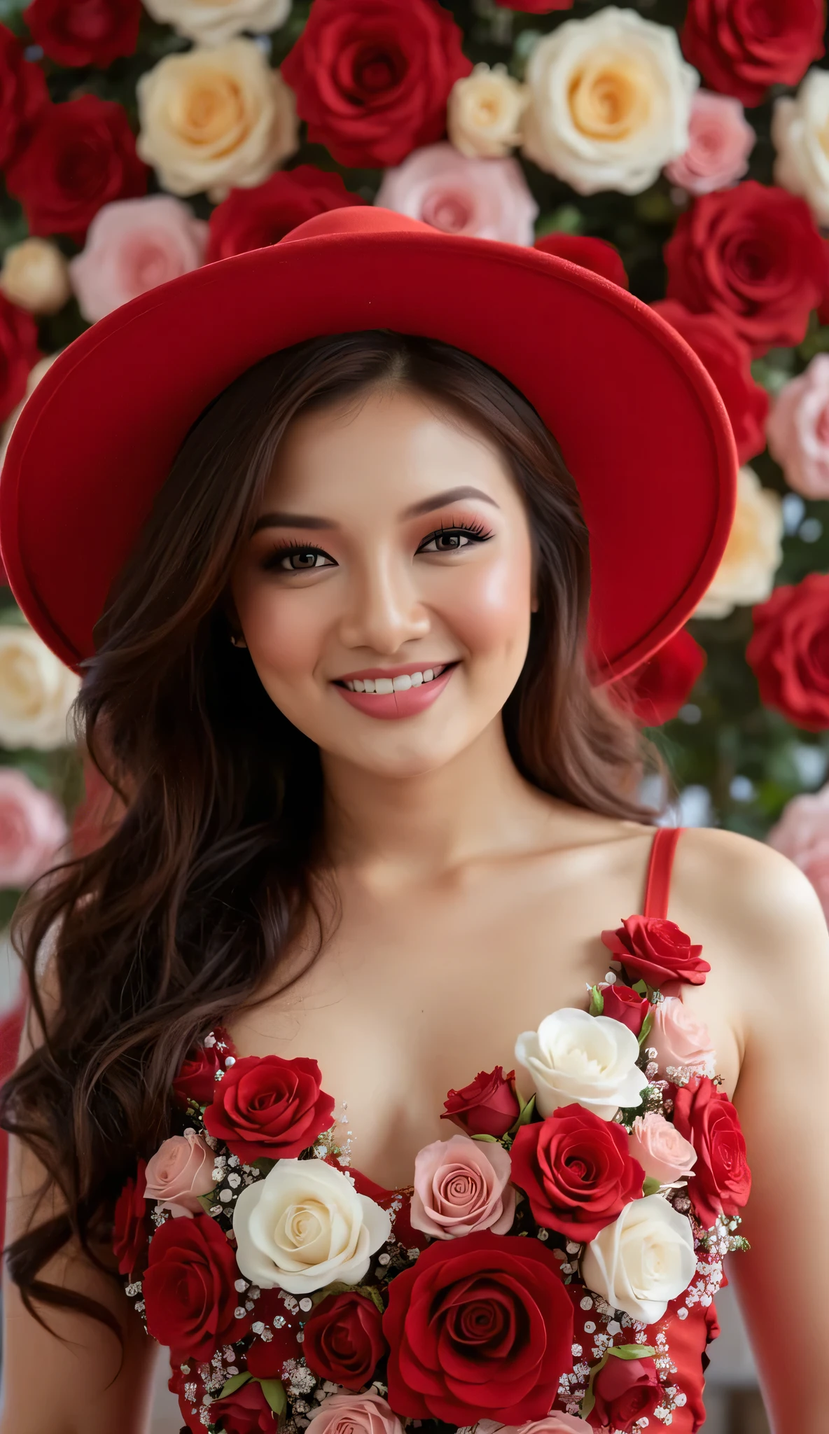 (Enchanting Rose Angel Portrait), a masterpiece of a goddess wearing beautiful roses, the main visual element is a knee-high shot of a breathtakingly beautiful and  woman in a wide-brimmed red hat (with a beautiful rose flower decoration), her happy smiling and captivating facial expression is surrounded by a series of intricate (red, pink, white and yellow rose flowers) that overlap to create a breathtaking beauty, almost heavenly atmosphere, the composition is delicate, the beautiful rose petals, precise lines capturing the delicate curves. Vibrant red, dreamy and cinematic romantic atmosphere, her flowing silky hair interwoven with floral designs, subtle light flickers throughout the frame, adding to the vivid and all-encompassing beauty. The result is an intricate and captivating image with grace and grace in every detail. Accurate and perfect human , above the knee shot, bewitching, , , beautiful,Accurate and perfect human , above the knee shot, real skin, uneven skin, beautiful face, detailed and perfect face, big even eyes, double eyelids, perfect proportions, , tiny waist, navel, wide ,  gap,  thighs, (Dynamic poses: 1.3), (Change poses: 1.2), (Dynamic poses: 1.4),
