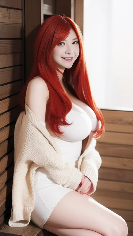 A happy photo of a young beautiful redhead bbw with long wavy ginger hair soft fat belly, wide fat obese hips, thick fat legs and fat arms, cute pretty face, blue eyes, freckles, in a red covering dress, eating a giant burger in a Fancy restaurant