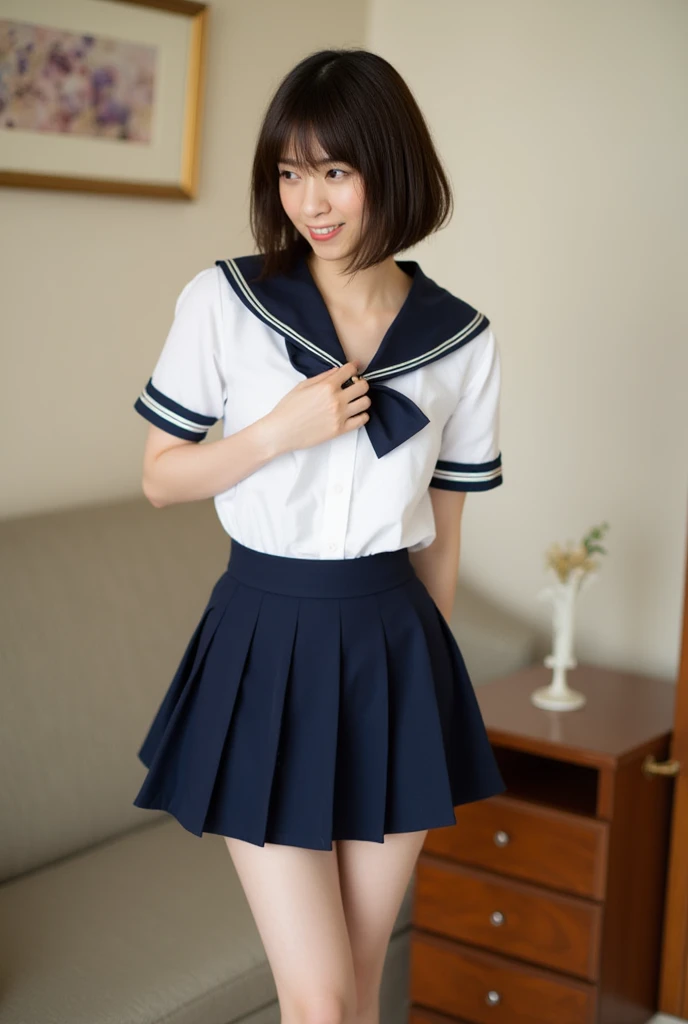 One girl, Short hair up to shoulders,Black Hair,smile, summer, room,Bed,Standing,Honor student,Junior high school freshman,Look at this,front,Sailor suit,Skirt above the knee,Down to the feet,Fair skin, (masterpiece, Highest quality), Soft Light, Structure of the film, Like in the movies