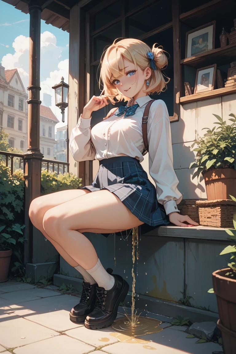 (A beautiful young Japanese woman), nsfw, Detailed Background, (((独奏:1.5))), ((Excellent ???????: 1.2)), (Golden Hair, Short pigtails), flat chest, (dark skin:1.2), (green eyes), (Short), (Beautiful Eyes), (Short sleeve white shirt), (Sky blue bow:1.3), (Dark blue checked mini skirt:1.5), (loose socks:1.3), (loafers), (Embarrassed and blushing), (Golden bracelet), (Hair Accessories), Gold Necklace, Earrings, Sitting in an outdoor café, wooden table and chairs, Beautiful thighs, Drinking iced coffee, panty shot, 